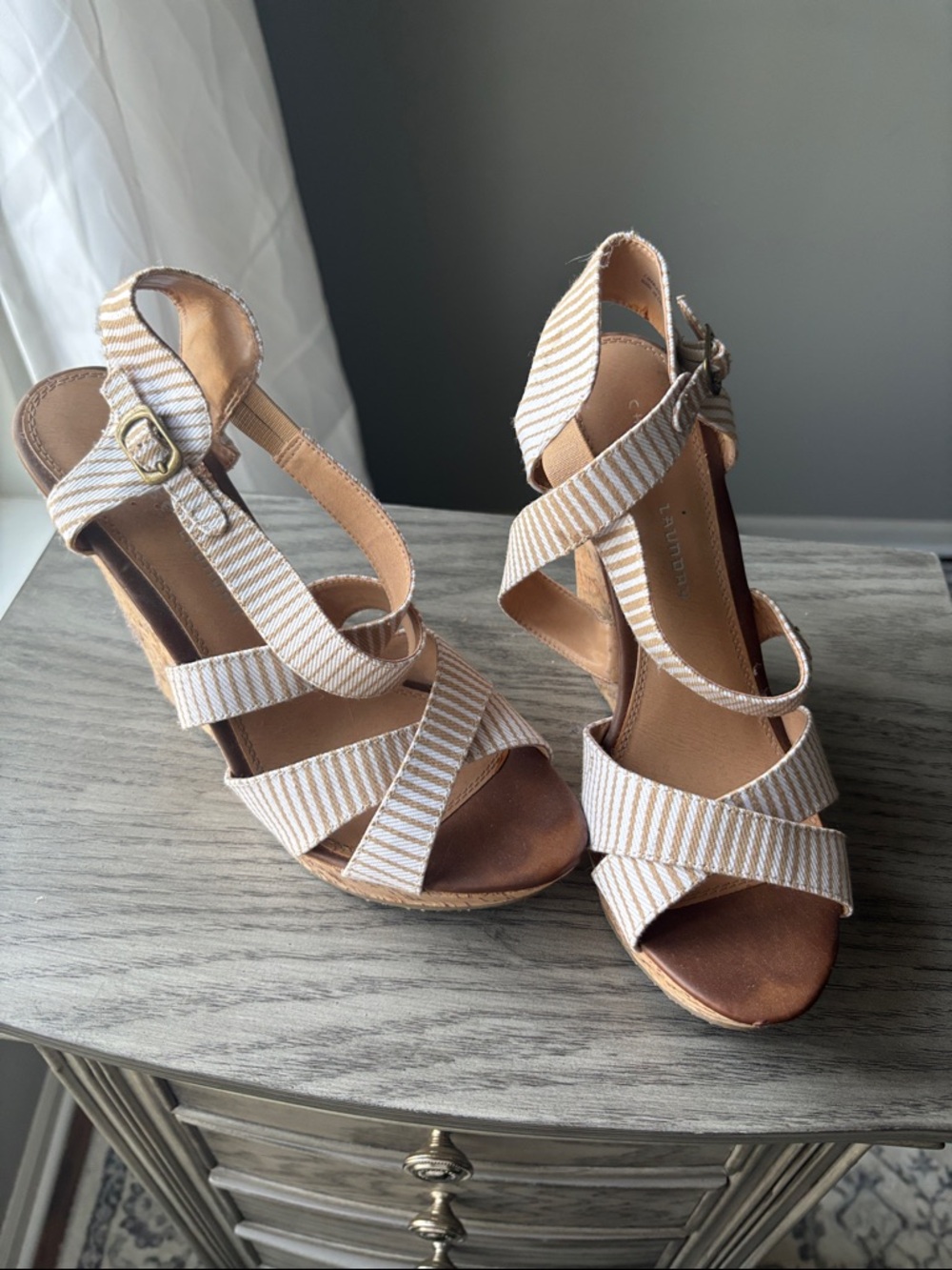 Neutral Striped Wedge Sandals - Women